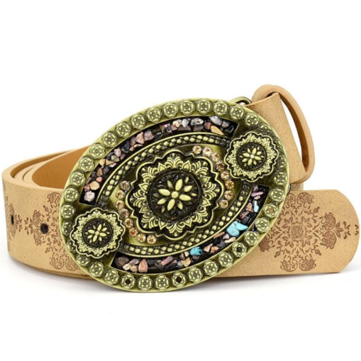 Tan leather belt with large, ornate oval buckle featuring gemstones and floral details.