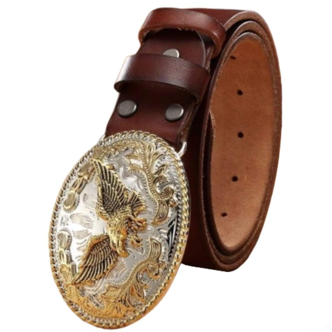 Brown leather belt with silver and gold eagle buckle.
