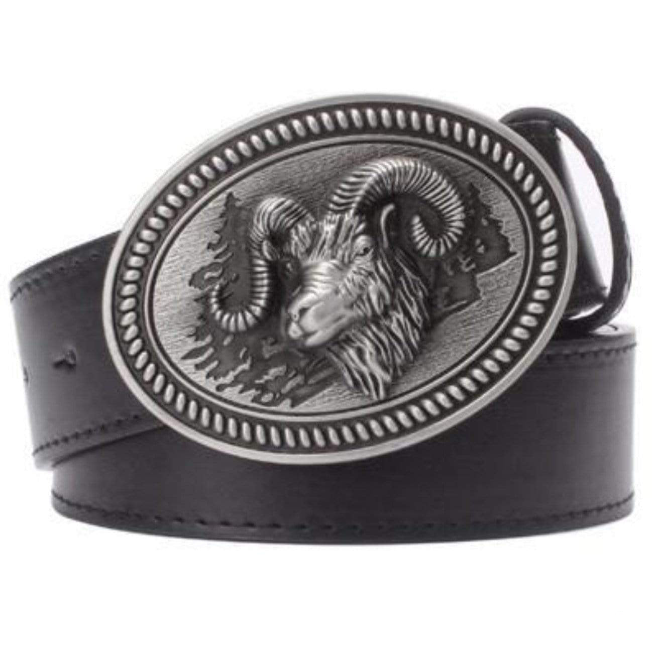Black leather belt with a silver ram buckle.
