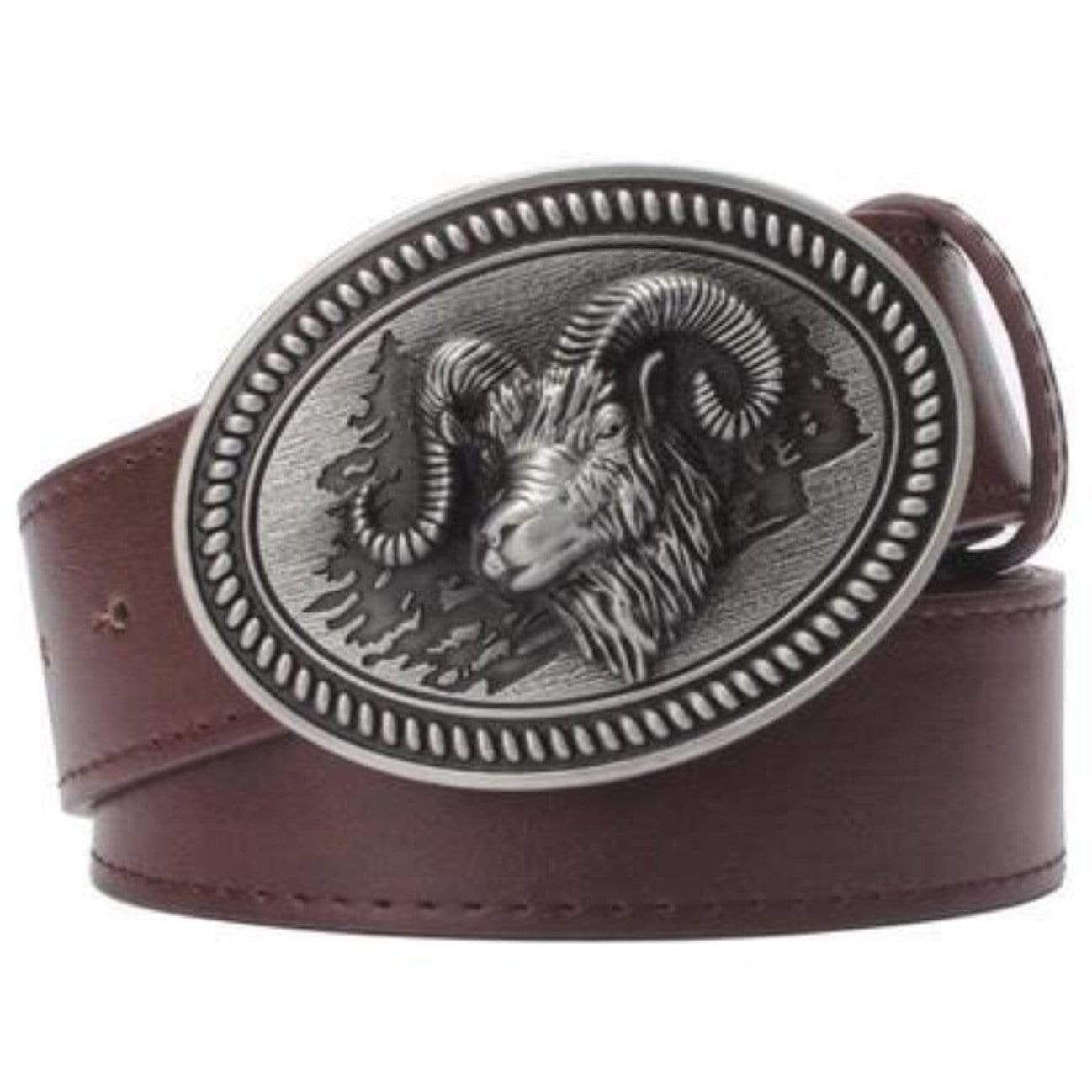 Brown leather belt with a silver ram buckle.
