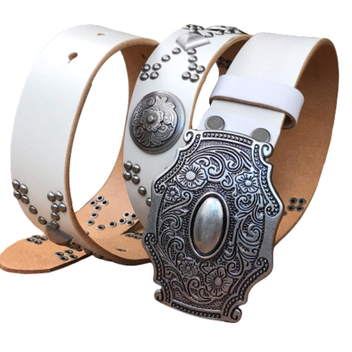 White leather belt with silver buckle and studs.
