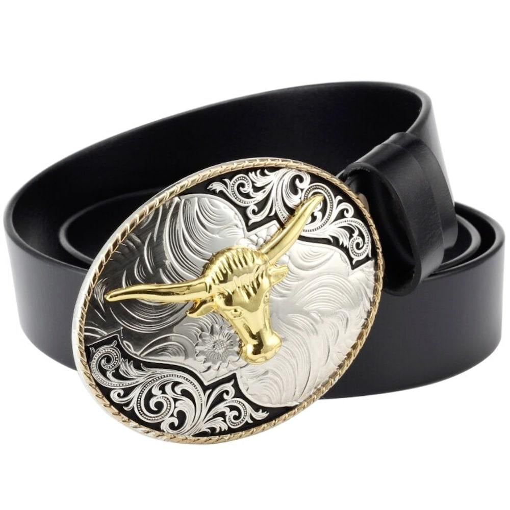 Black leather belt with decorative oval buckle.