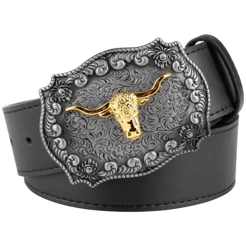 Black leather belt with a large ornate silver and gold bull buckle.
