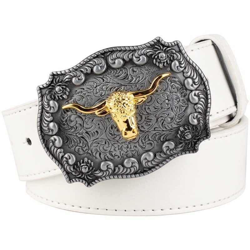White leather belt with ornate silver and gold bull buckle.
