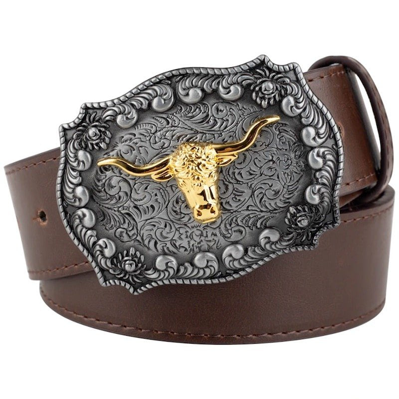 Brown leather belt with silver ornate buckle and gold bull head.
