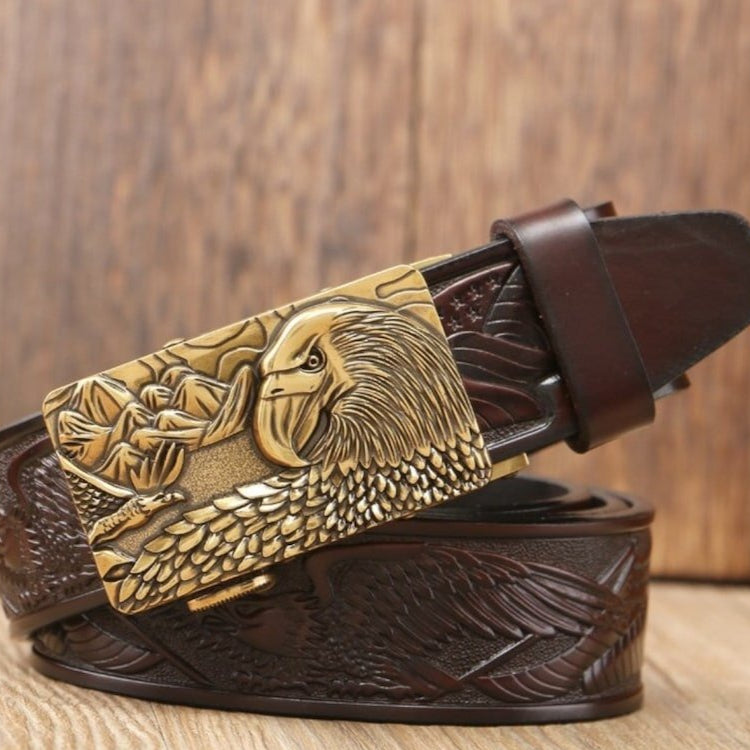 Brown leather belt with brass eagle buckle.
