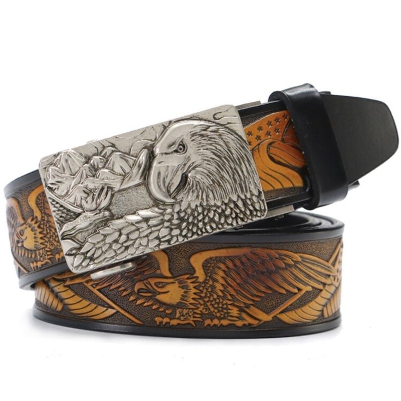 Leather belt with eagle motif and silver buckle.