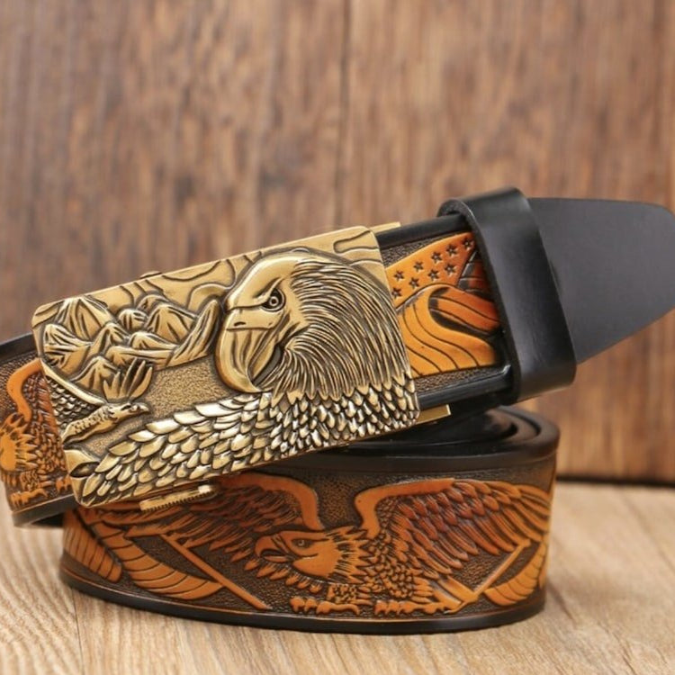 Leather belt with eagle buckle and design.