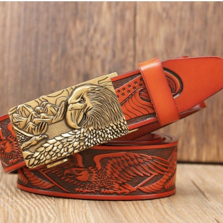 Red leather belt with eagle buckle.
