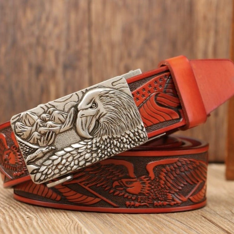 Red and brown leather belt with an eagle buckle.