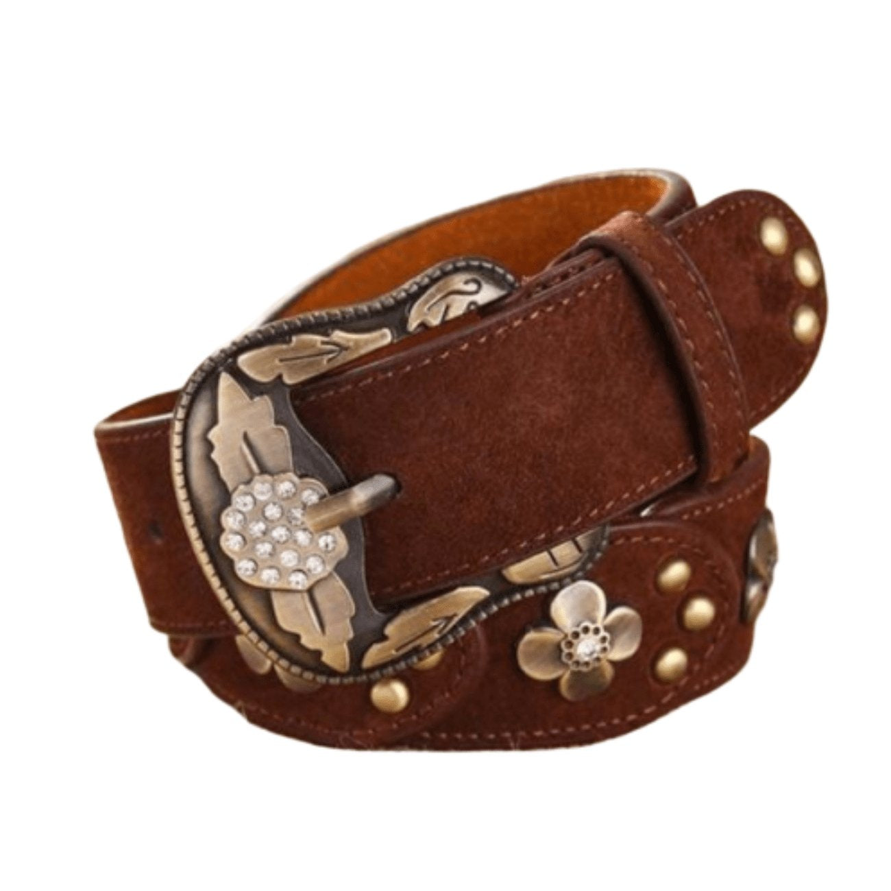 Brown suede belt with decorative metal accents.

