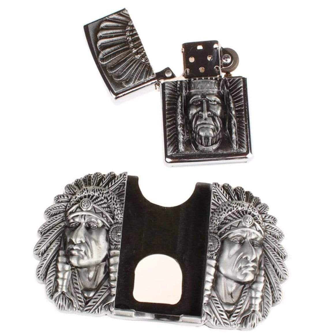 Silver lighter and cigar cutter with Native American chief design.