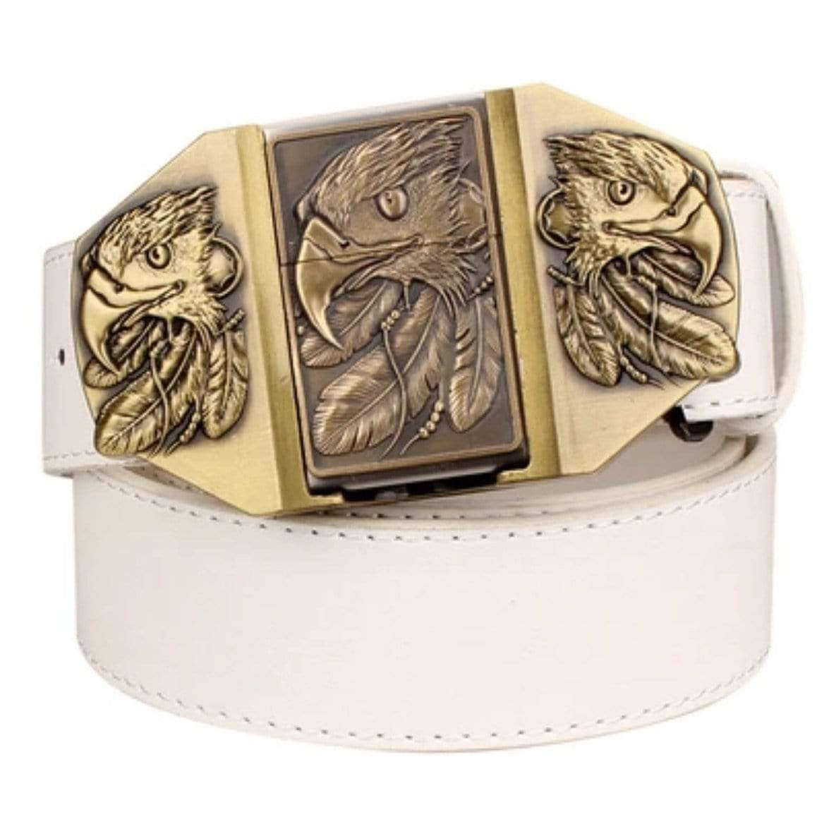 White leather belt with a large, gold-tone buckle featuring eagle heads and feathers.