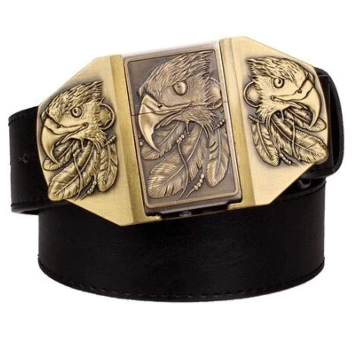Black leather belt with a gold eagle buckle.