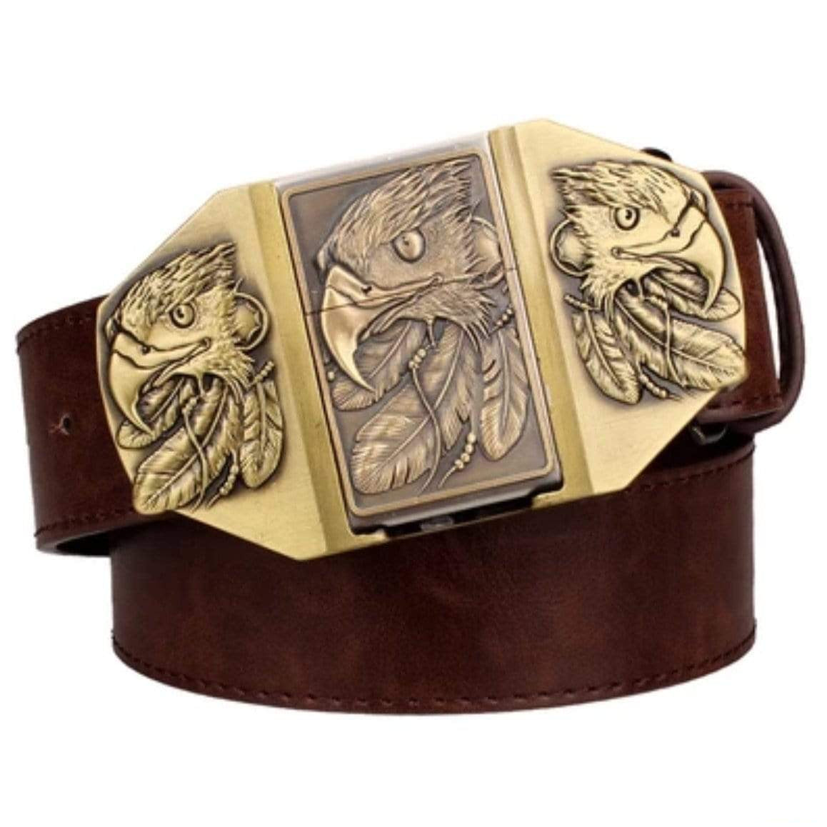 Brown leather belt with gold eagle buckle.