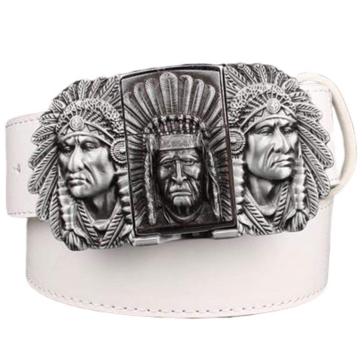White leather belt with a silver Native American headdress buckle.
