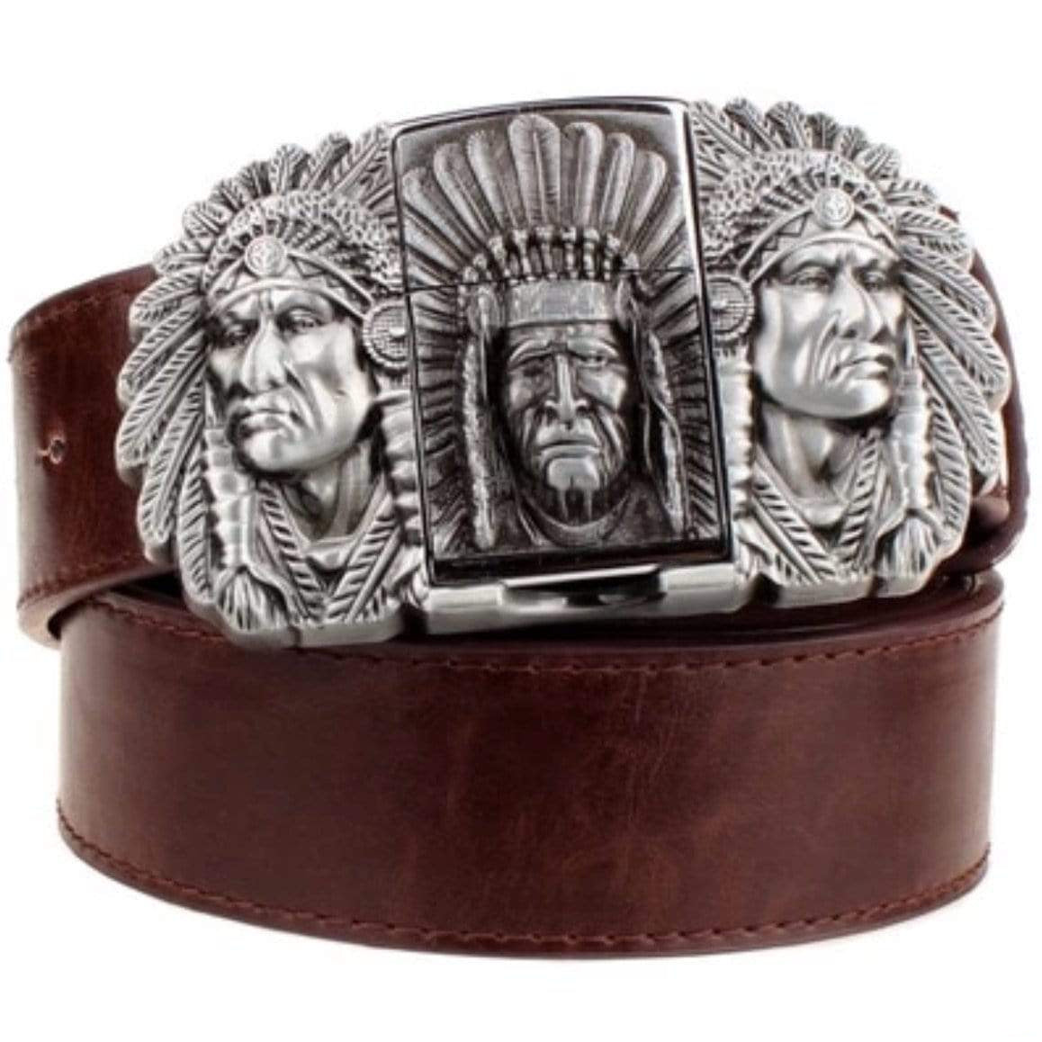 Brown leather belt with ornate silver buckle featuring Native American chief faces.