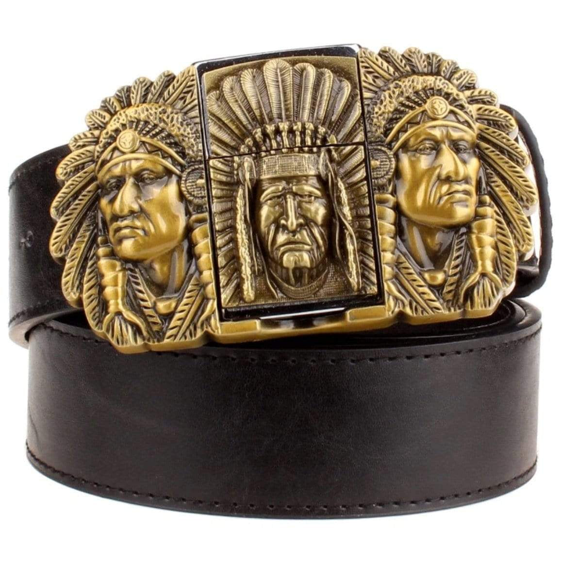Black leather belt with a gold-colored metal buckle featuring sculpted Native American faces in headdresses.