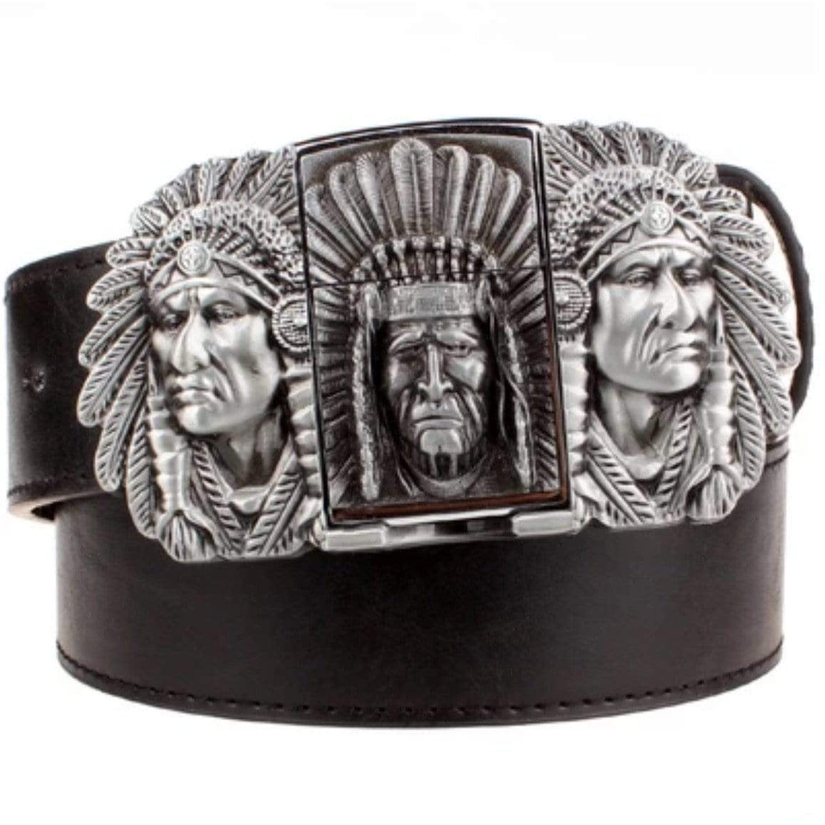 A black leather belt with a silver belt buckle featuring three Native American chiefs.
