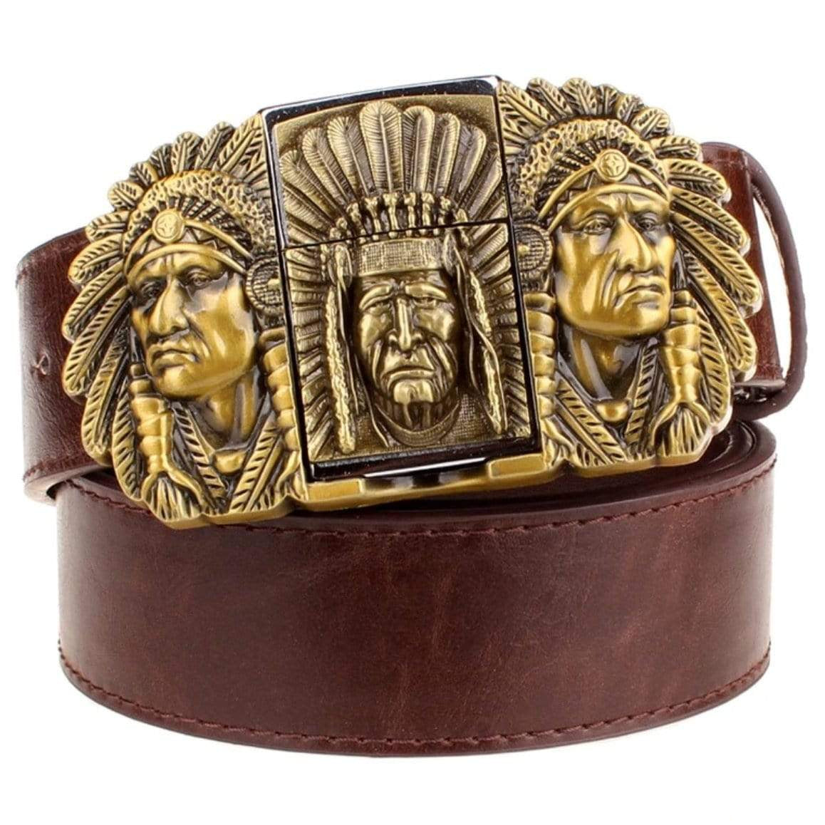 Brown leather belt with a bronze Indian chief belt buckle.