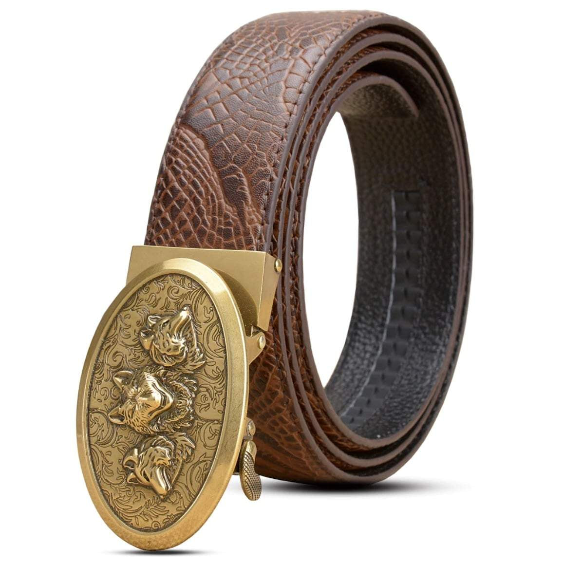 Brown leather belt with gold wolf buckle.
