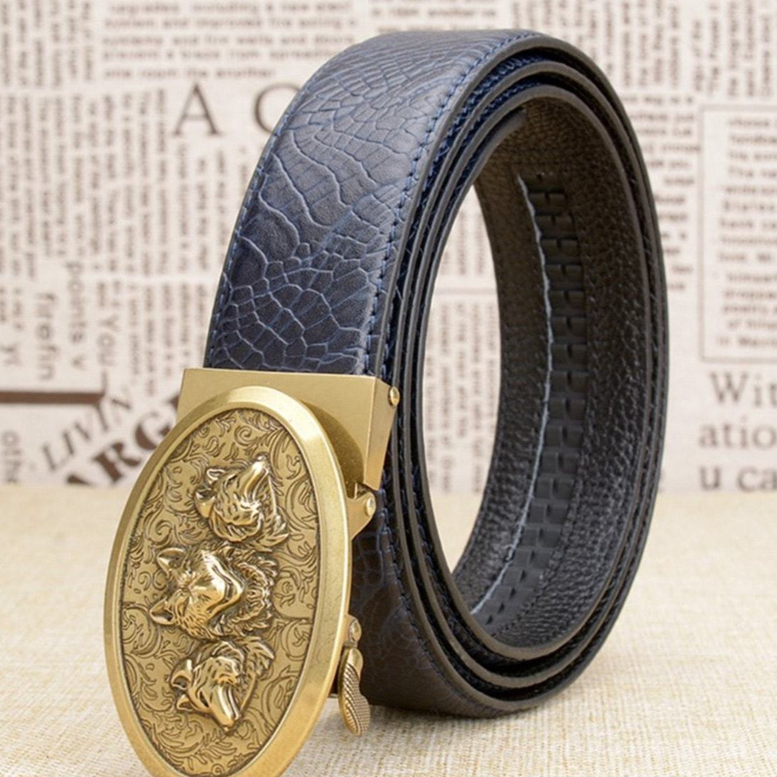 Blue leather belt with an ornate gold wolf buckle.
