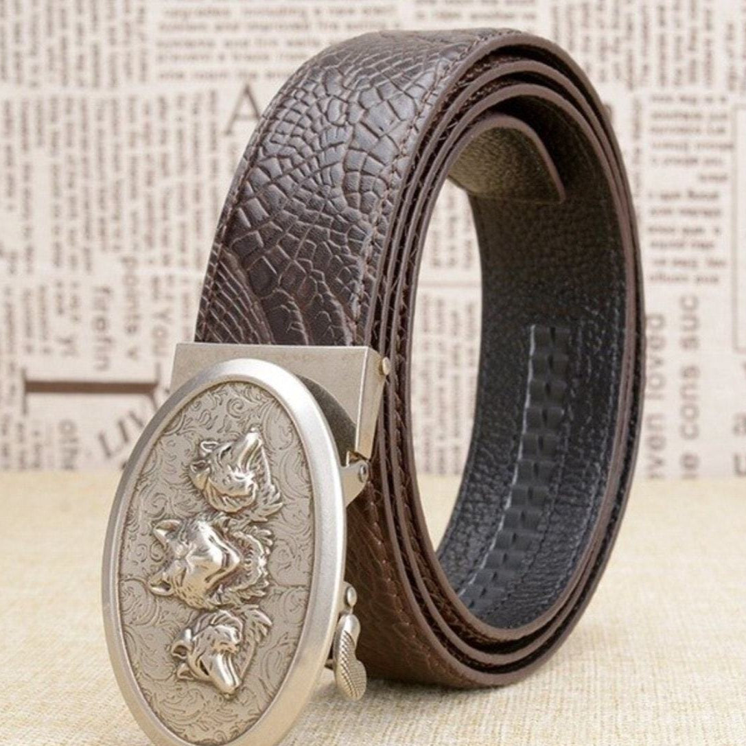 Brown leather belt with silver wolf buckle.