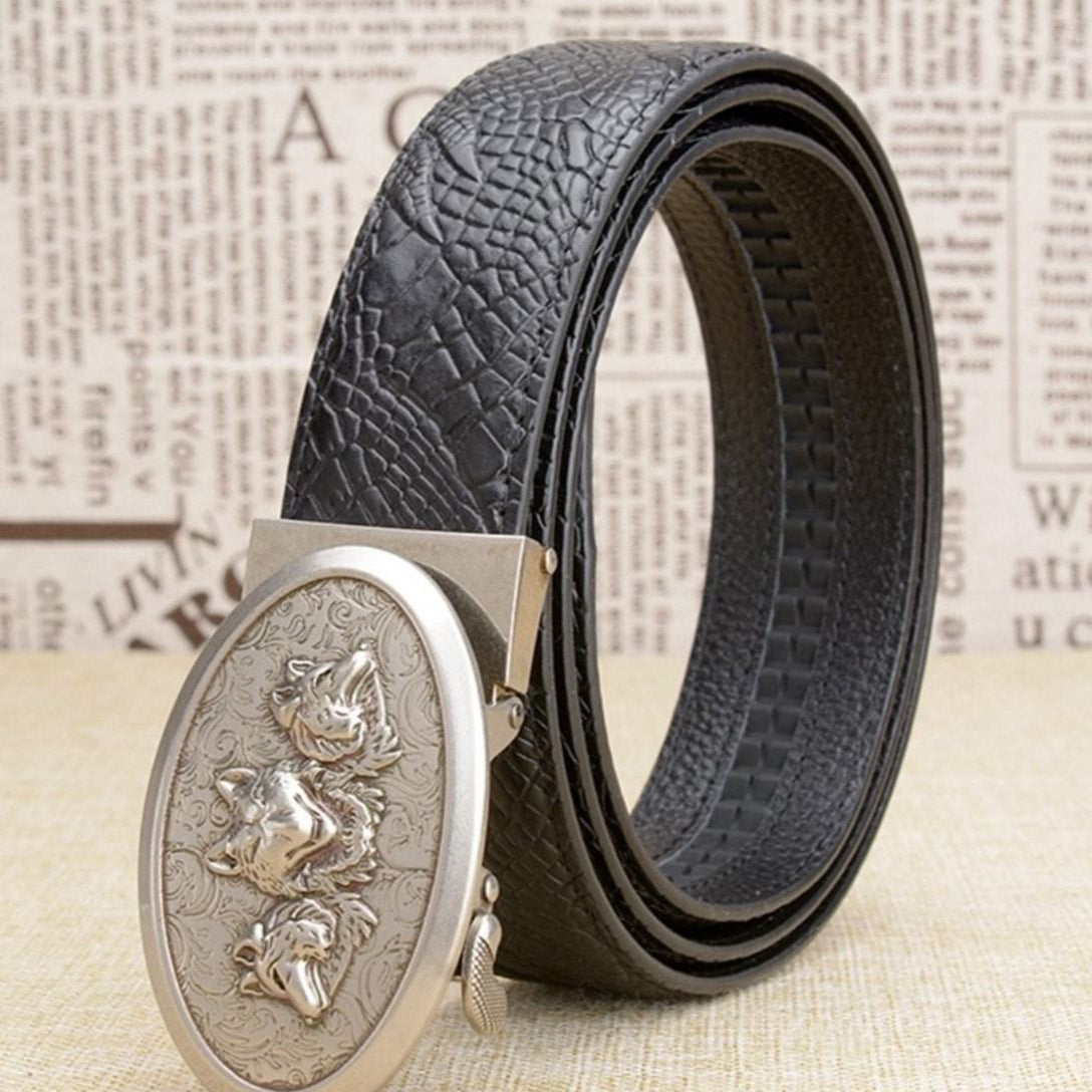 Black faux crocodile belt with silver wolf buckle.
