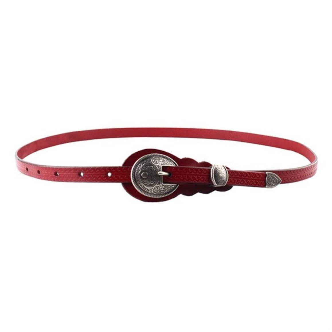 Red leather belt with silver buckle and trim.
