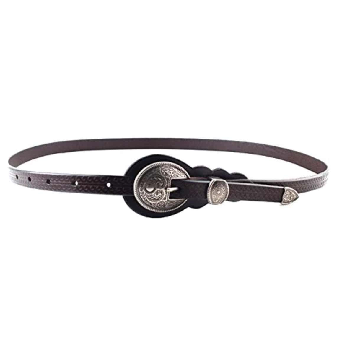 Brown leather belt with silver buckle and details.
