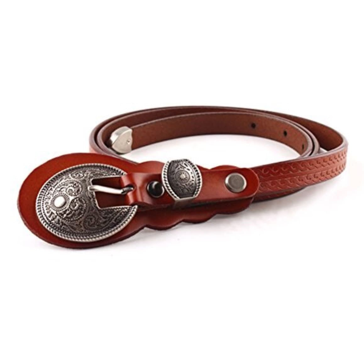 Brown leather belt with silver buckle.