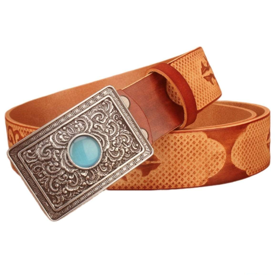 Brown leather belt with silver buckle and turquoise stone.
