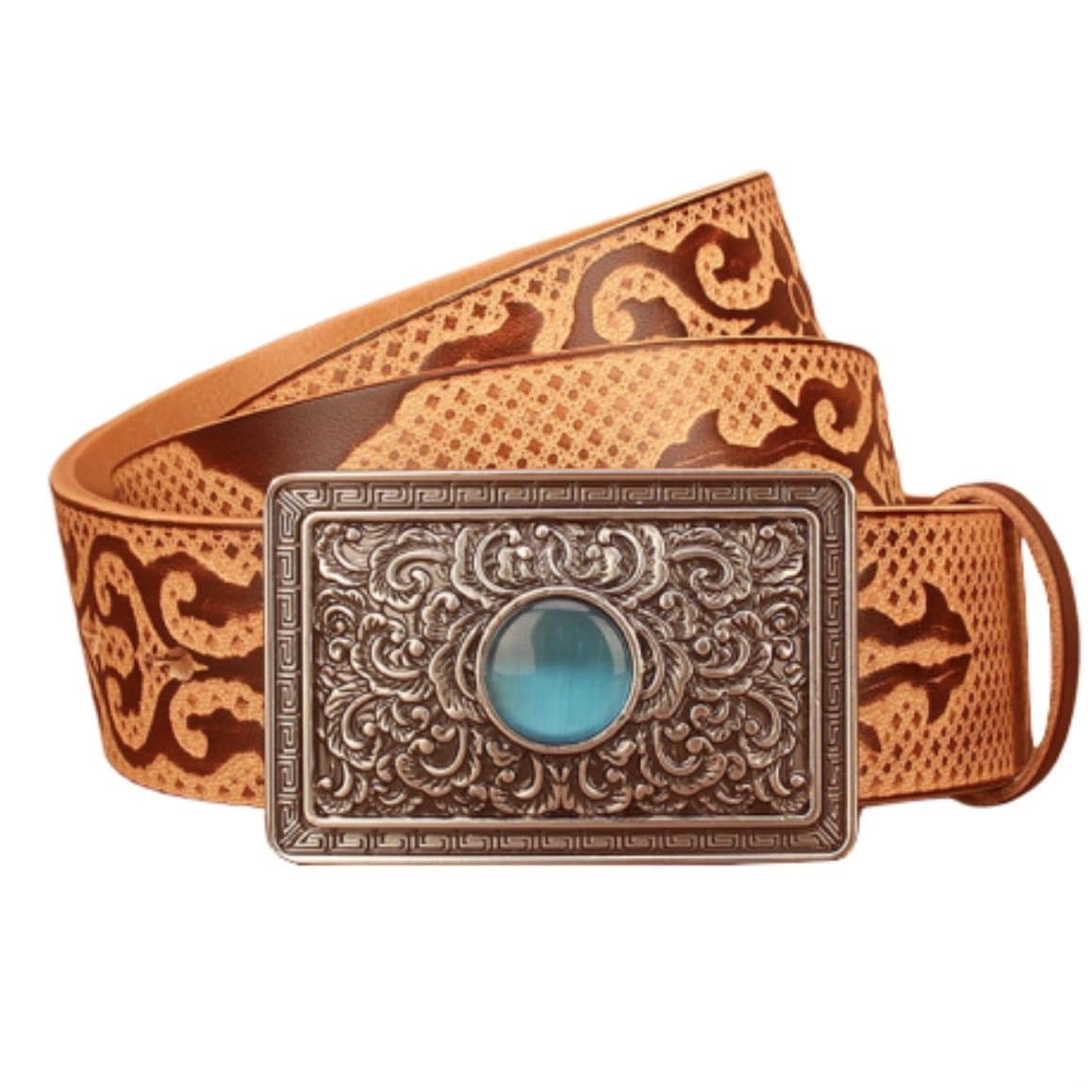 Embossed leather belt with ornate silver buckle.
