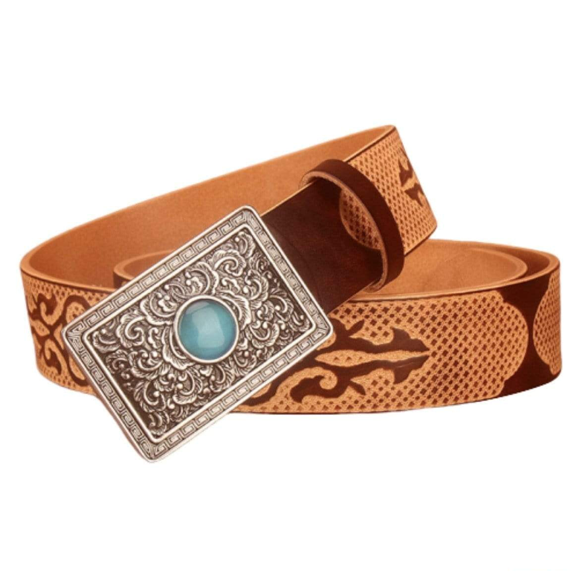 Brown leather belt with silver buckle and turquoise stone.