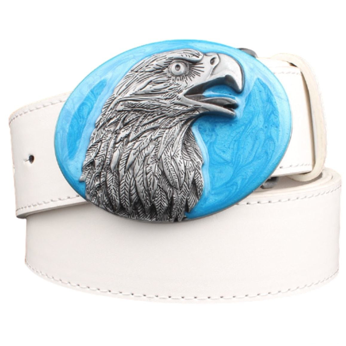 White leather belt with a blue and silver eagle buckle.
