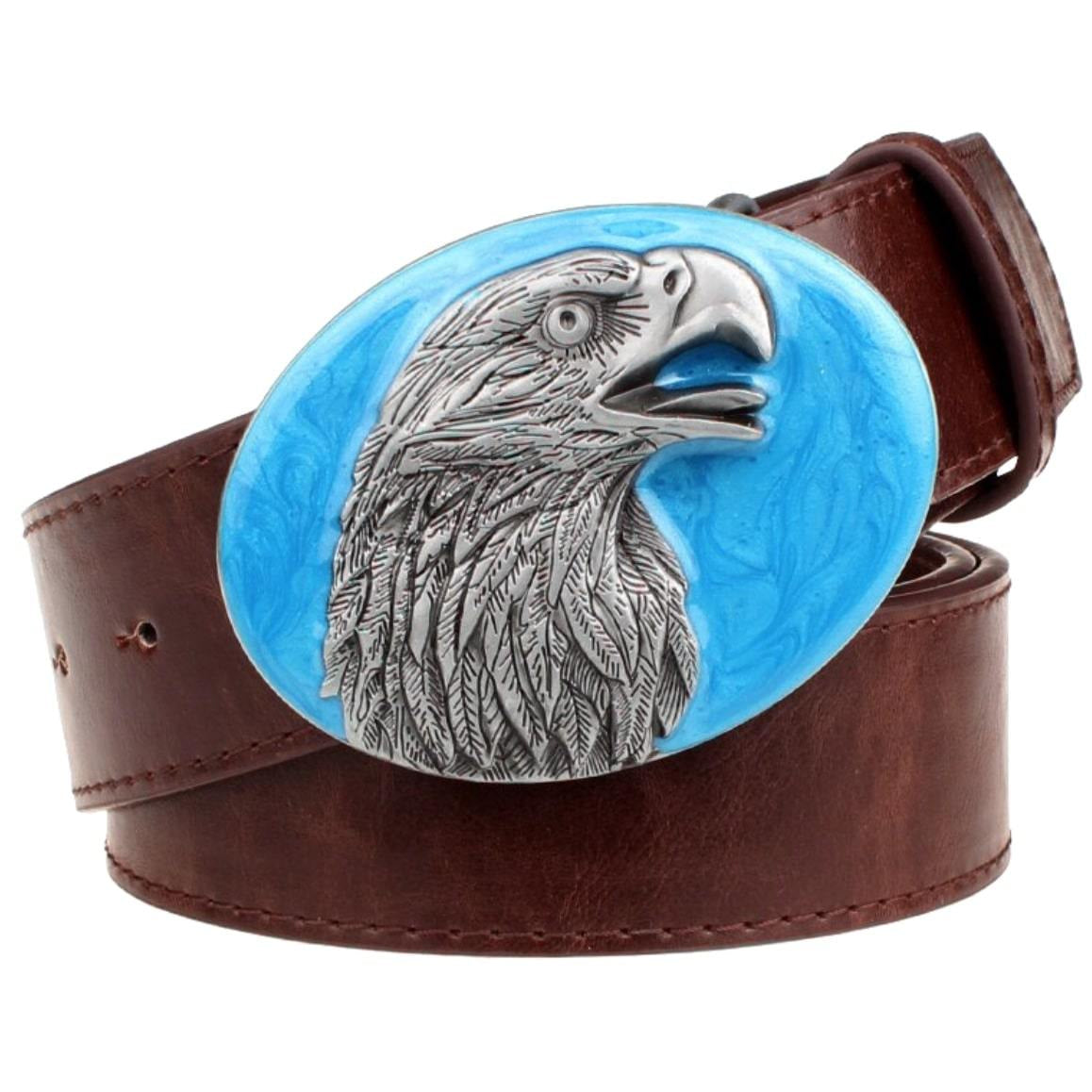Brown leather belt with an oval blue and silver eagle buckle.
