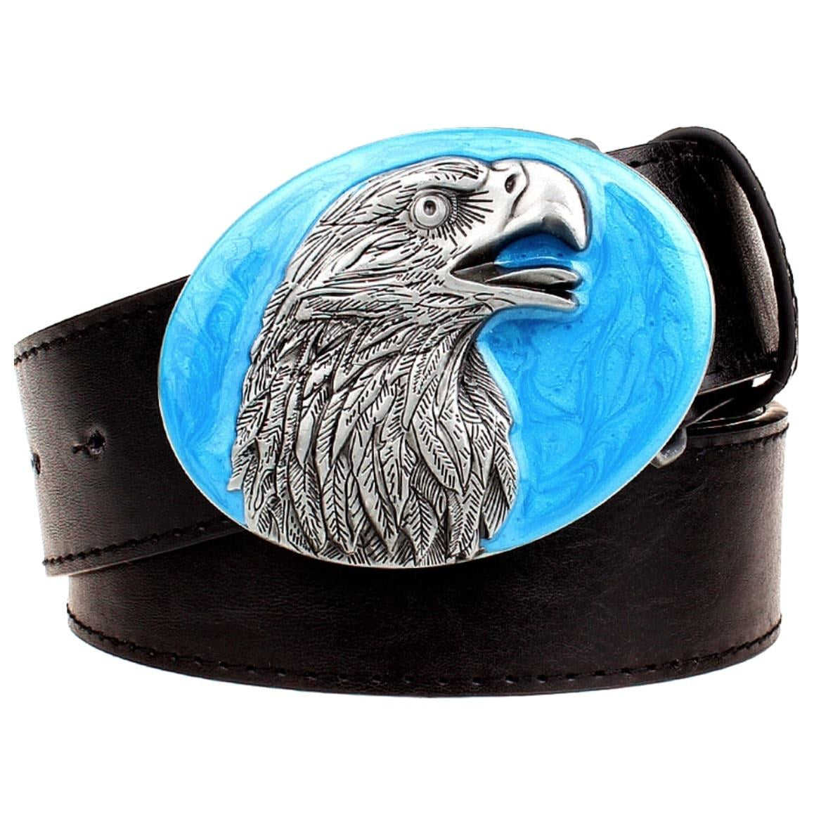 Leather belt with oval, blue and silver eagle buckle.
