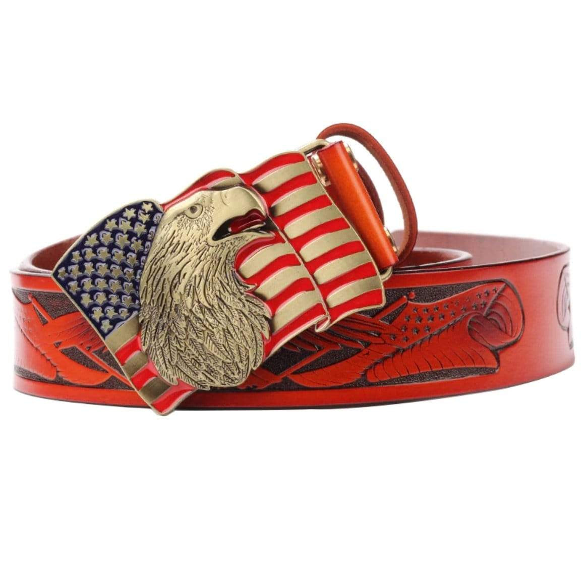 Orange leather belt with an eagle and American flag buckle.
