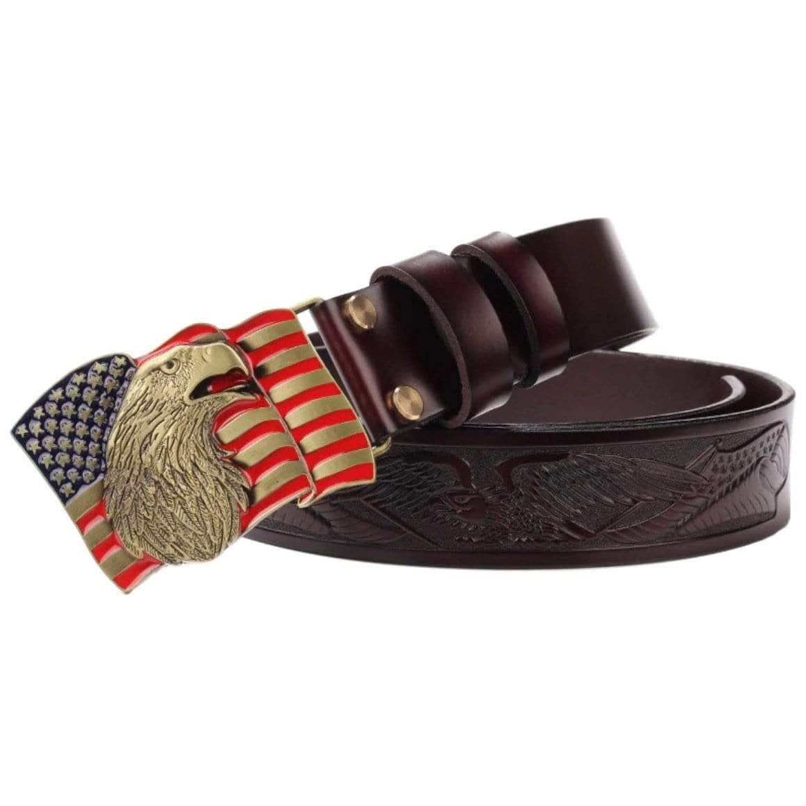 Brown leather belt with eagle and American flag buckle.
