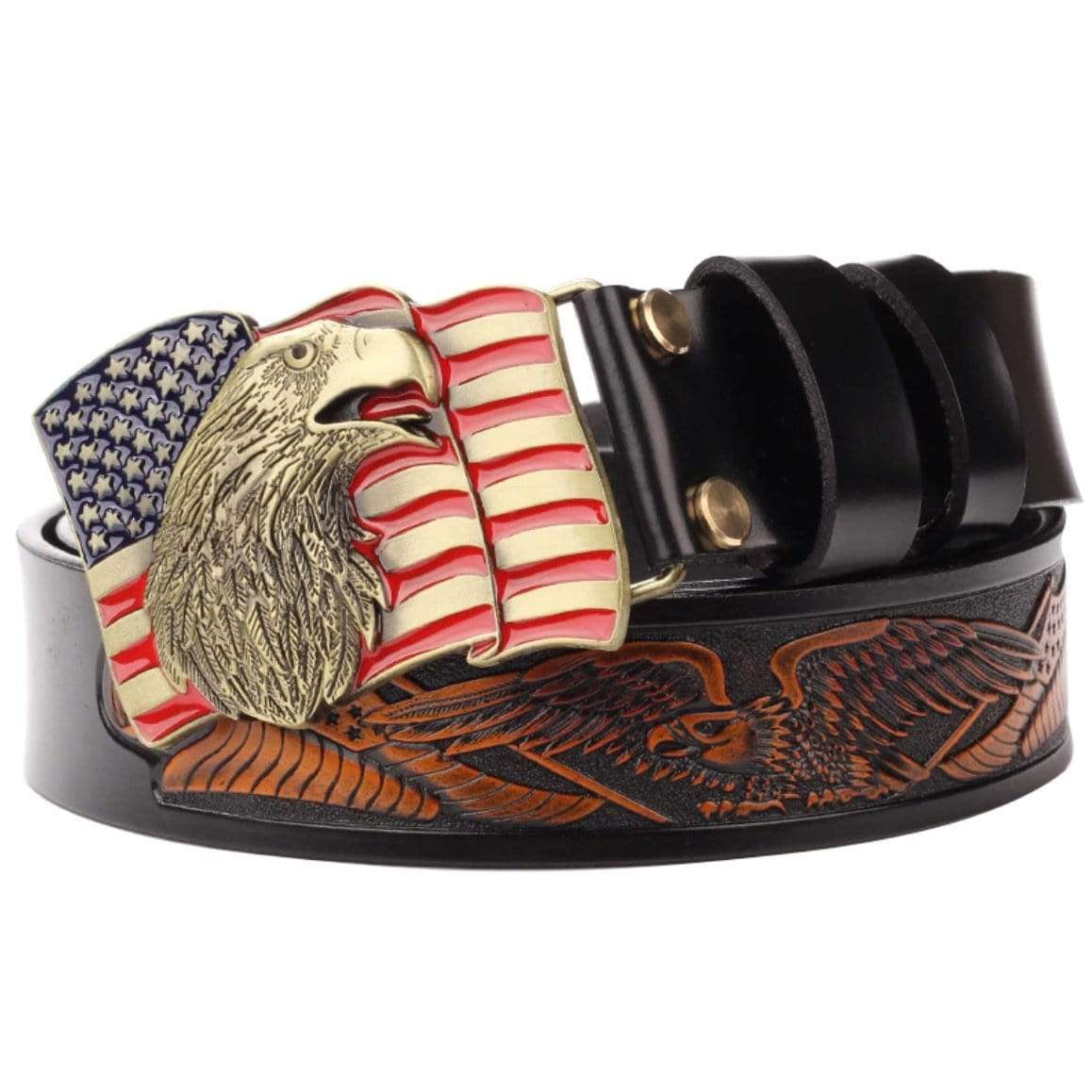 Black leather belt with an eagle and US flag buckle.