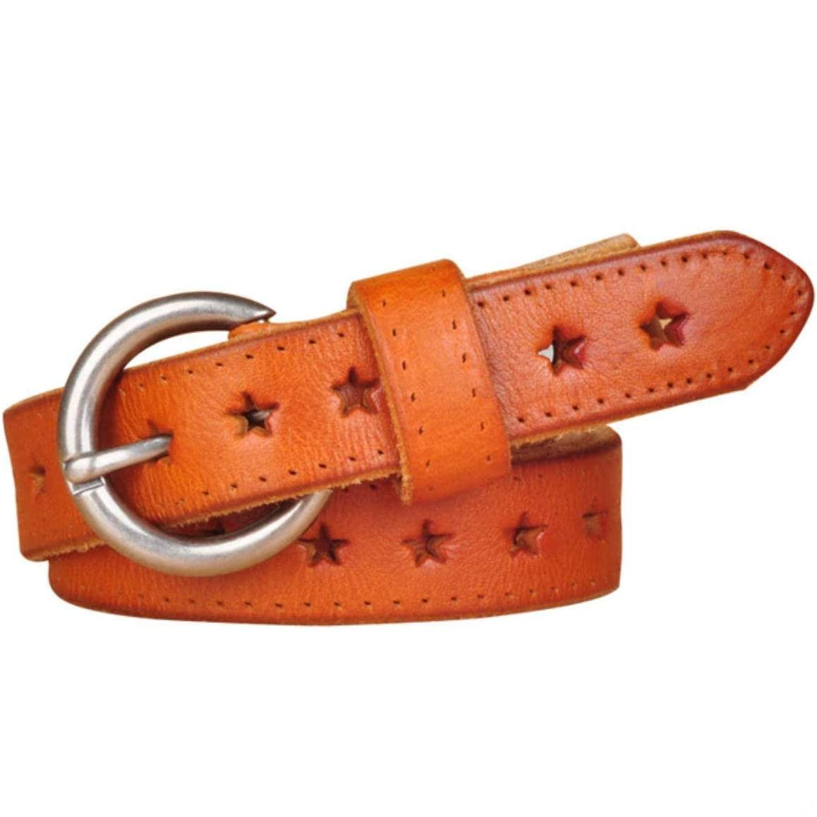 Orange leather belt with star cutouts and silver buckle.
