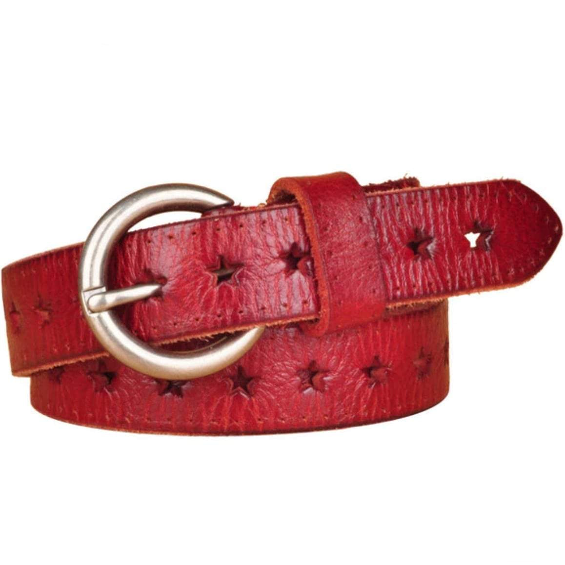 Red leather belt with star cutouts and silver buckle.

