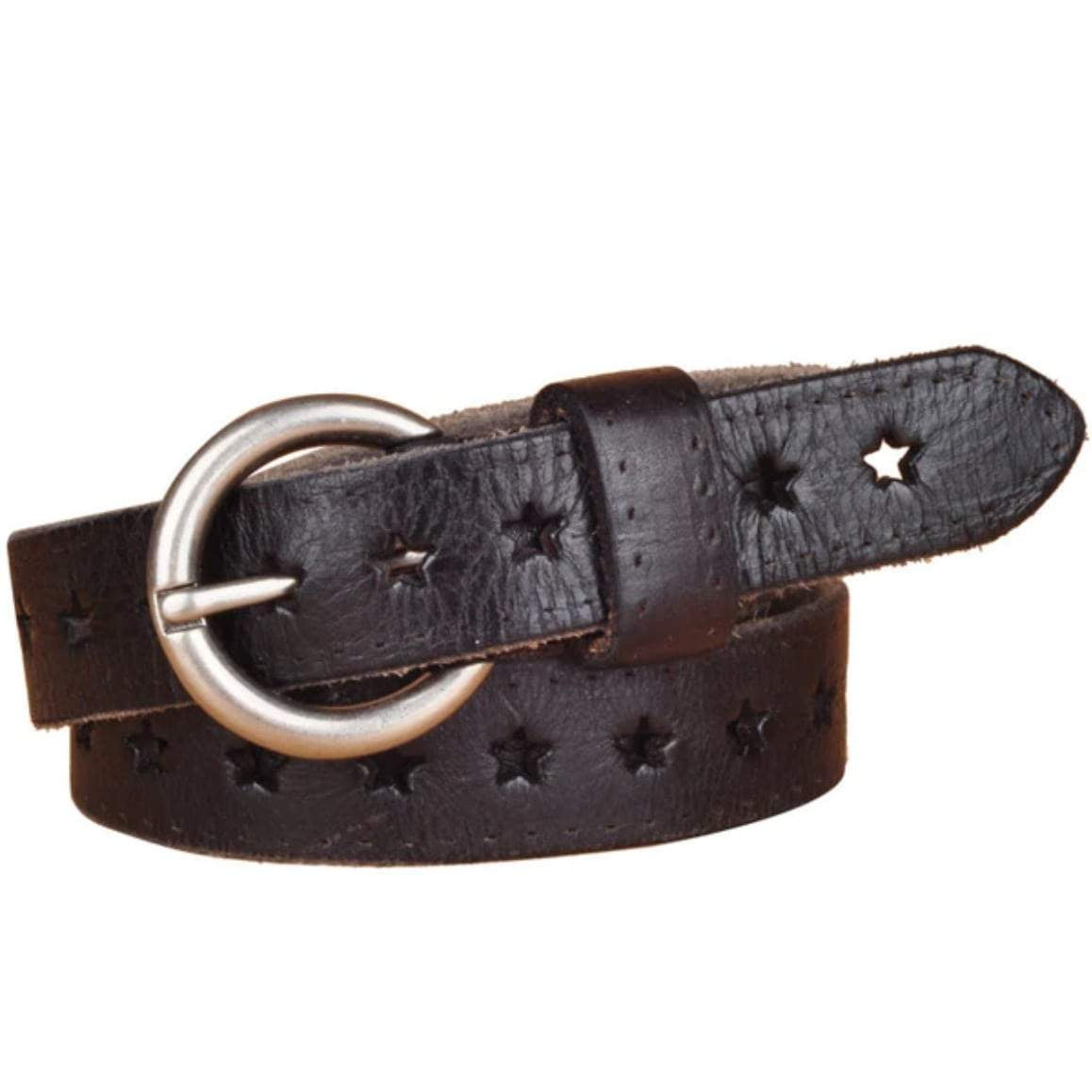 Black leather belt with star cutouts and a silver buckle.