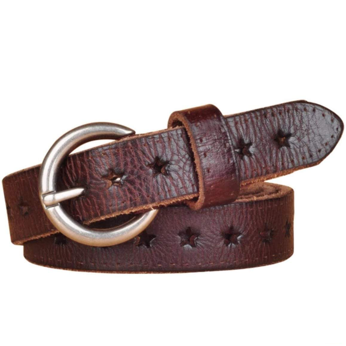 Brown leather belt with star cutouts and a silver buckle.