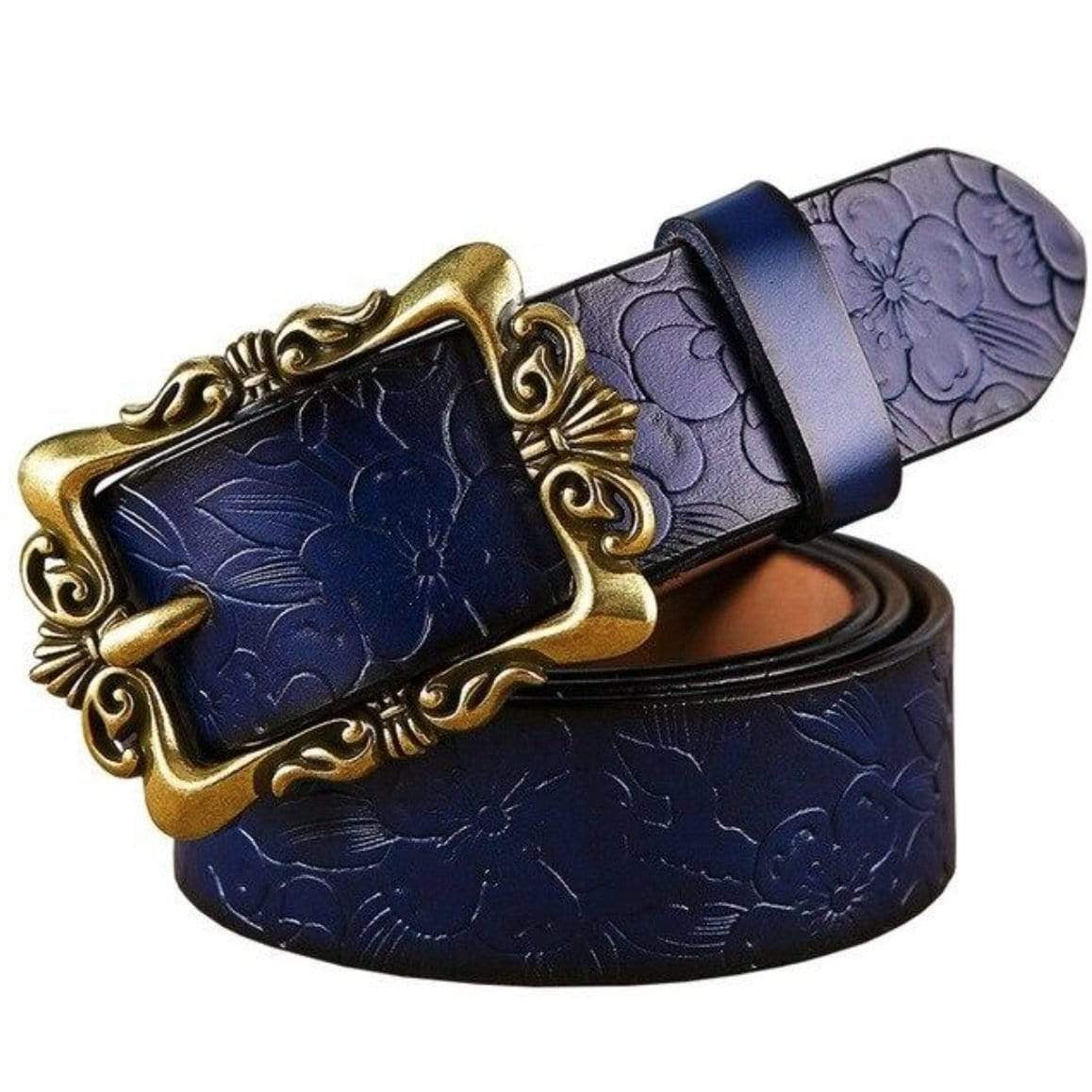 Dark blue leather belt with gold buckle.