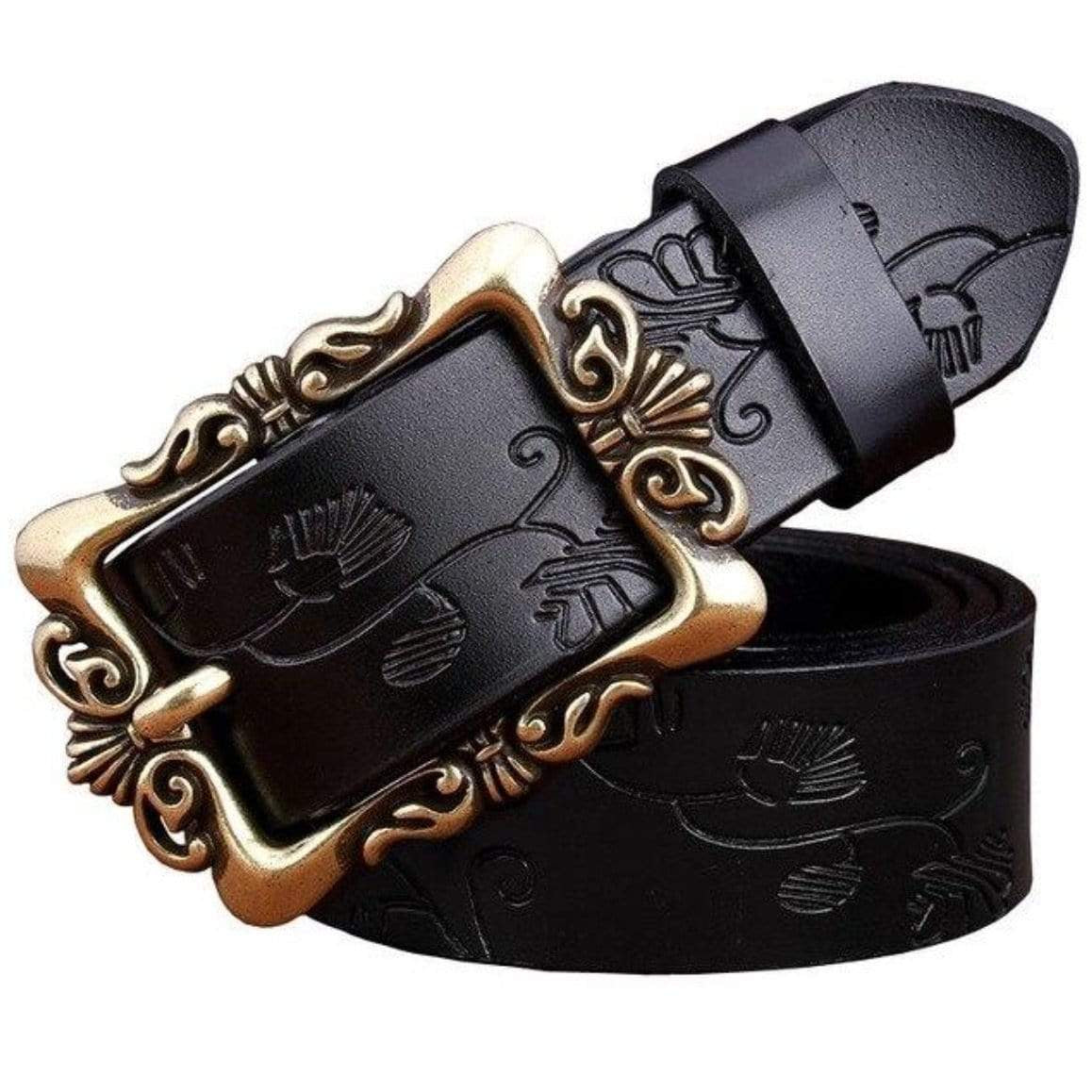 Black leather belt with ornate gold buckle.
