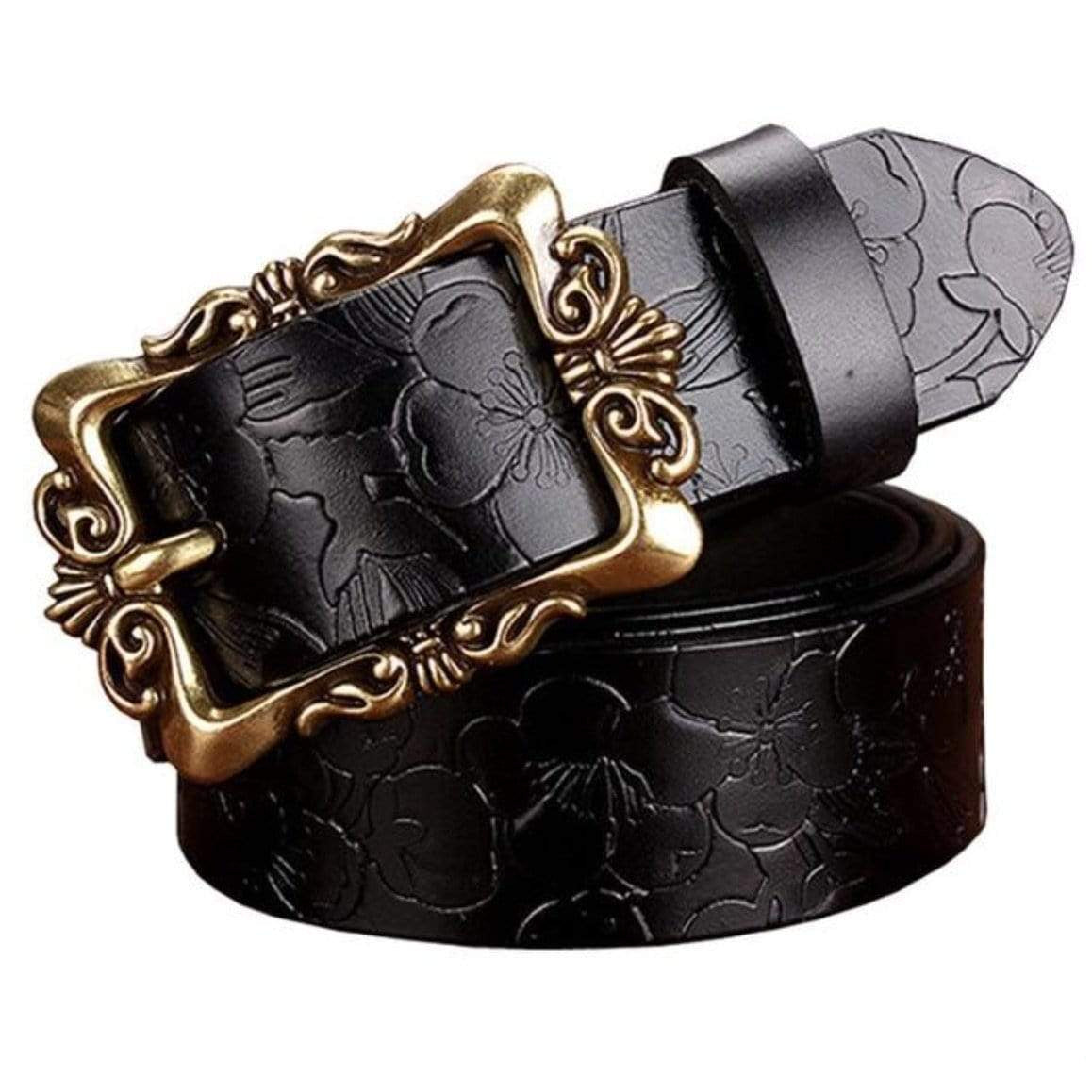 Black floral-patterned leather belt with gold ornate buckle.
