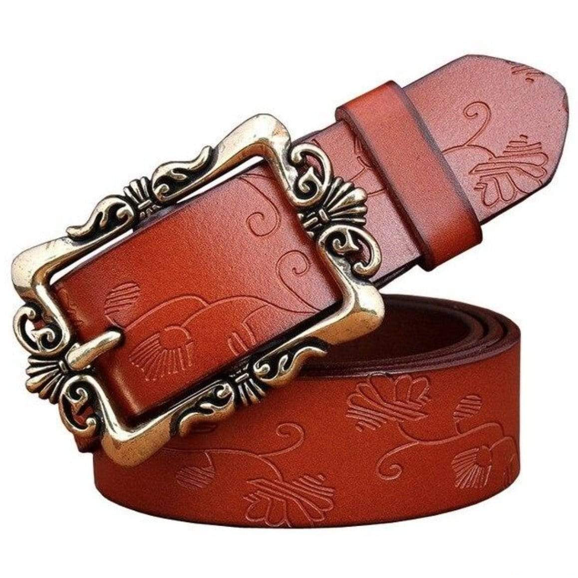 Brown leather belt with floral pattern and ornate gold buckle.