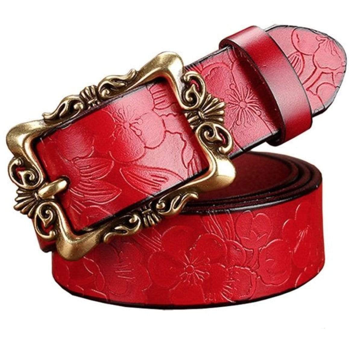 Red leather belt with embossed floral pattern and decorative bronze buckle.