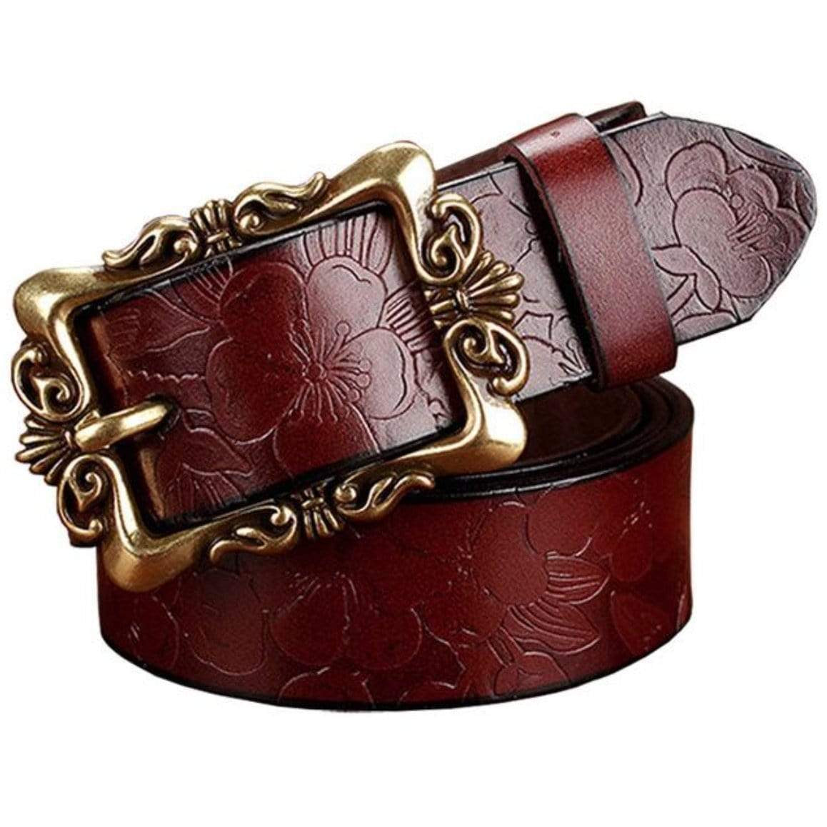 Brown leather belt with floral pattern and ornate gold buckle.